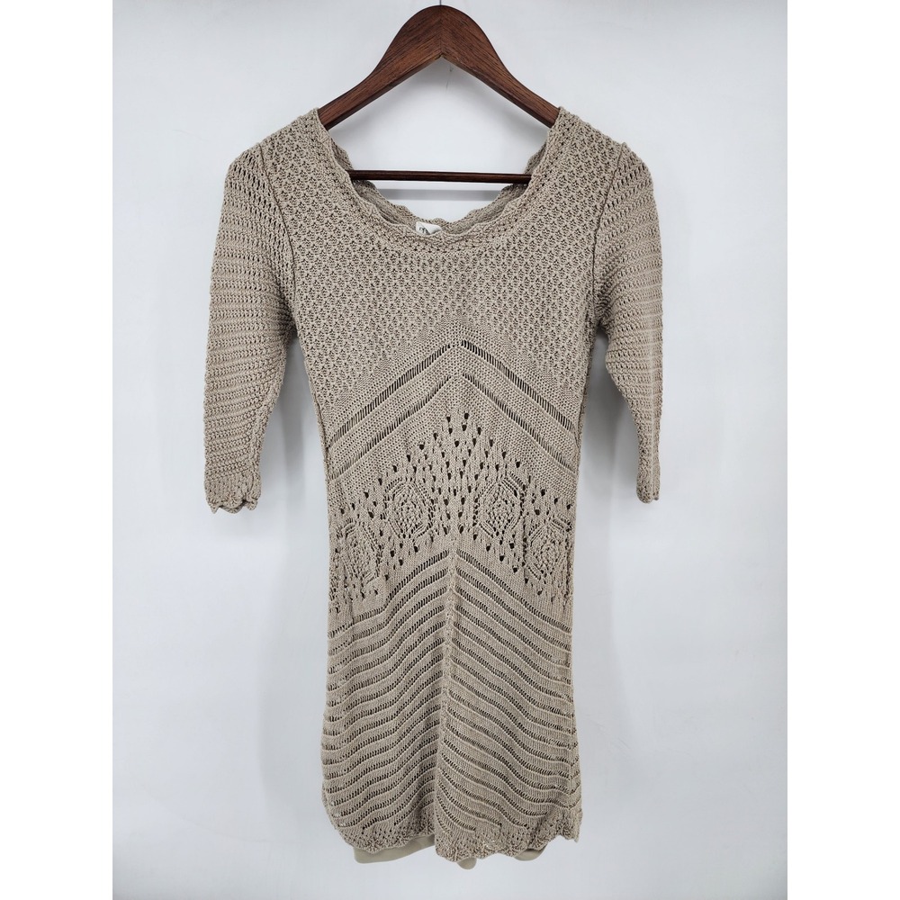 Beige Crochet Knit Pointelle Mini Dress Size S Boho Bohemian Festival Crochet